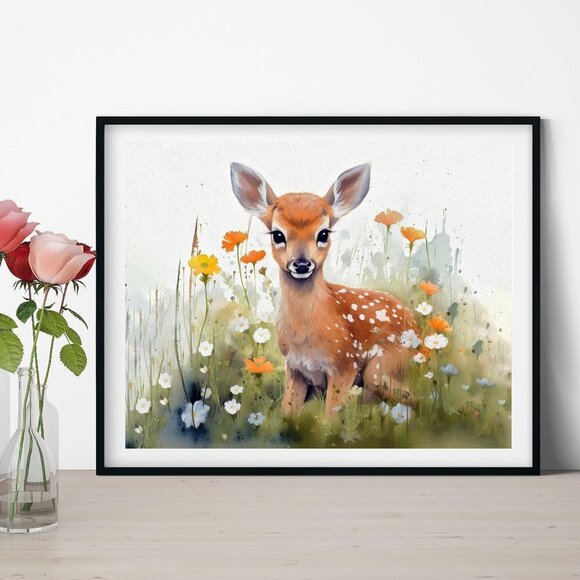 Cute Baby Fawn Deer with Flowers Watercolor Oil Painting Print - Picture 5 of 5